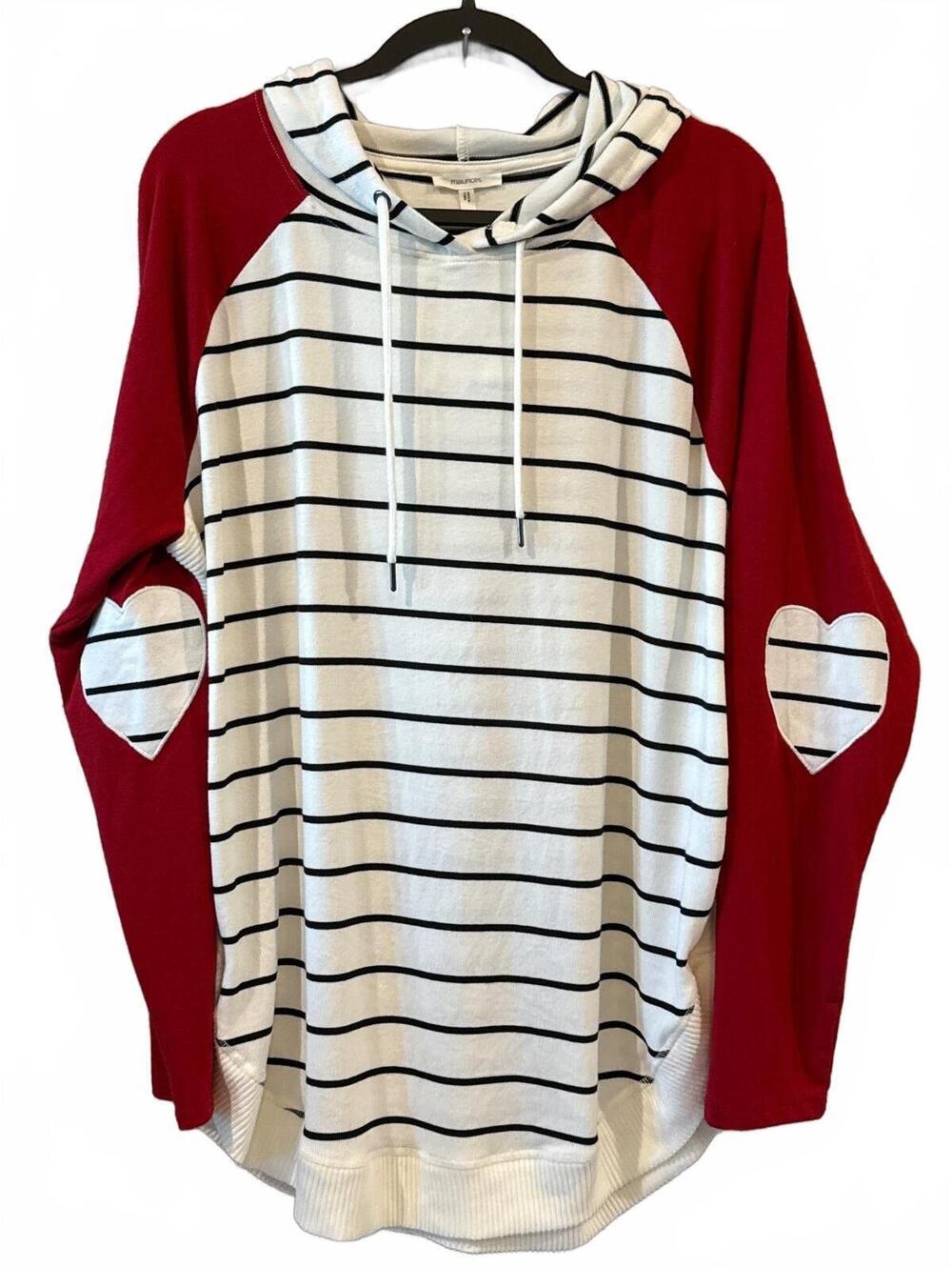 Maurices XXL Striped Hoodie with Red Raglan Sleeves and Heart Elbow Patches